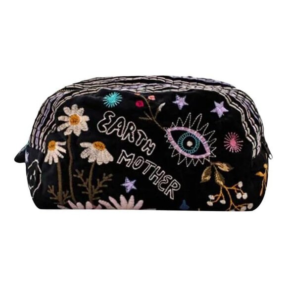 Johnny Was Cotton Embroidered Zipper Cosmetic Bag Handbag Makeup Purse Black NEW - Picture 1 of 6